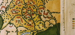 Siedlungsentwurf des Ökodorf Sieben Linden (1997). Kreisförmige Anordnung von Häusern.