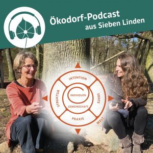 Eva Stützel und Simone sitzen vor einem Baum. In der Mitte ist die Grafik des Gemeinschaftskompass eingefügt.