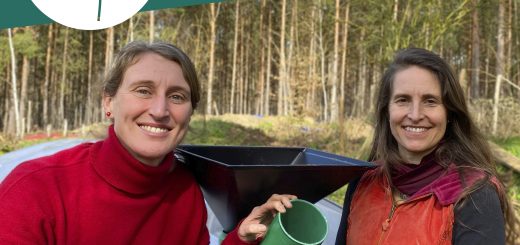 Katrin Pütz und Simone sitzen vor der Biogasanlage für Zuhause. Man sieht das Einfüllrohr der Anlage.