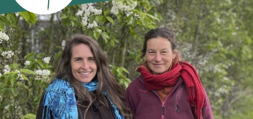 Porträt von Moderatorin Simone und Imkerin Nadine vor einer blühenden Hecke