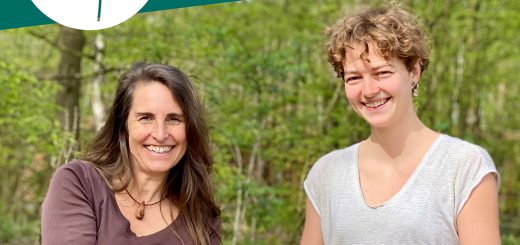 Podcastcover zum Bieteverfahren-Podcast: Greta und Simone stehen in der Natur, schauen freudlich in die Kamera und halten Geldscheine in den Händen, die das solidarische Wirtschaften symbolisieren sollen.