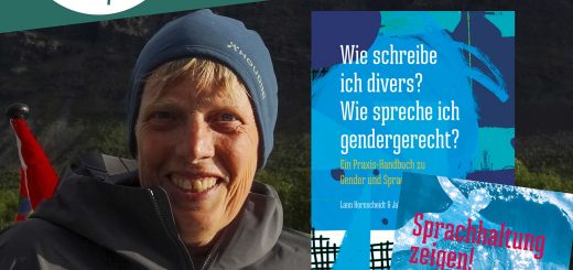 Portrait von Lann Hornscheidt und 2 der Bücher, die Lann verfasst hat