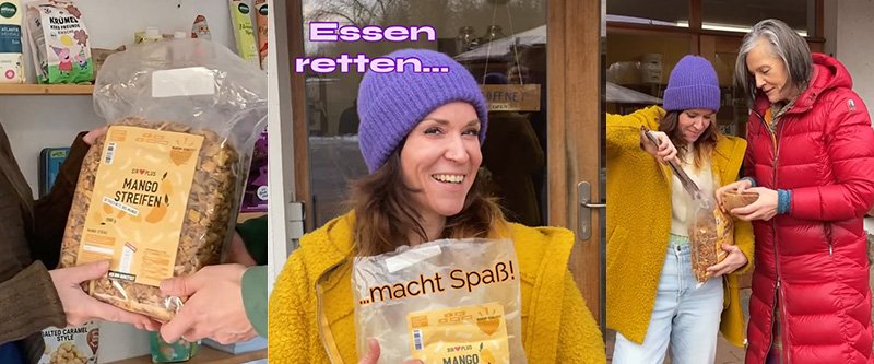 Sophie verteilt getrocknete Mango an verschiedene Menschen