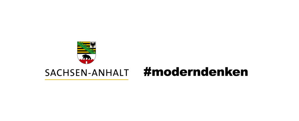 Logo Bundesland Sachsen-Anhalt zusammen
mit de Hashtag #moderndenken